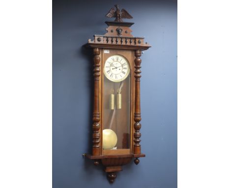 Large late 19th century walnut Vienna style wall clock, enamel dial with subsidiary seconds, twin train Gustav Becker movemen