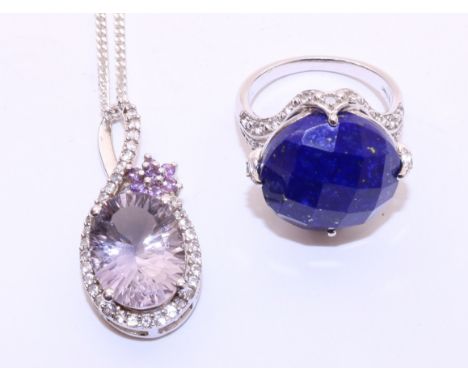 Blueberry Quartz, Amethyst & White Topaz silver pendant and a Lapis Lazuli ring both stamped 925   Condition Report   Click h