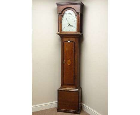 Early 19th century oak and mahogany banded longcase clock, fan inlay to trunk door, 30-hour movement with painted enamel dial