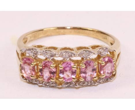 Pink toumaline and diamond three row gold ring hallmarked 9ct   Condition Report   Click here for further images, condition, 
