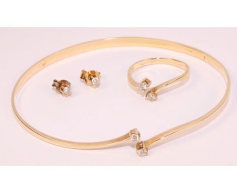 Diamond set bangle, ring and pair ear-rings ensuite stamped 14ct