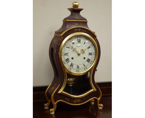 20th century Swiss cartouche shaped mantel clock, white dial inscribed Beyer-Zurich, case painted with Alpine flowers, twin t