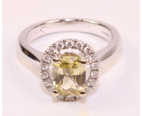 Radiant cut yellow sapphire and diamond cluster white gold ring hallmarked 18ct, sapphire approx 1.3 carat   Condition Report