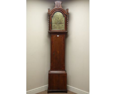 Late 18th century oak longcase clock, pagoda top hood with barley twist supports, canted fluted corners, inlaid shell motif t