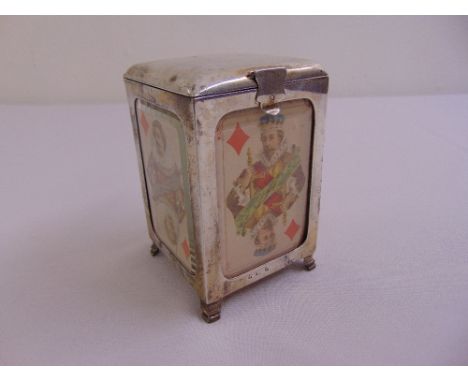 A Victorian silver rectangular playing card holder with glazed sides and hinged cover on four bracket feet, London 1896