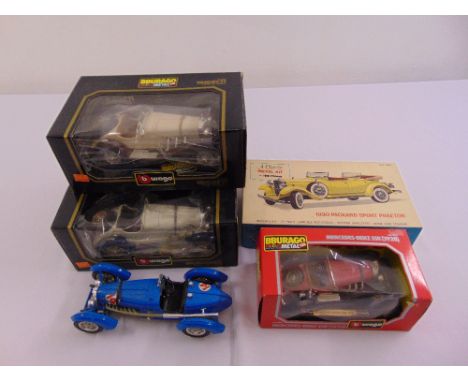 Three Burago 1/18 scale model cars in original packaging, one unboxed and a Hubley Classic car kit in original packaging