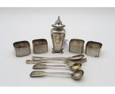 A silver caster, by Edward Barnard &amp; Sons, London, of baluster form, a set of four silver napkin rings, by William Adams 