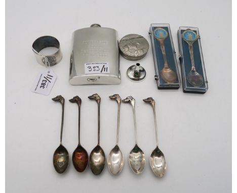 Of Deerhound interest; six silver tea spoons, the finials modelled as deerhounds, various marks and makers, a pewter hip flas