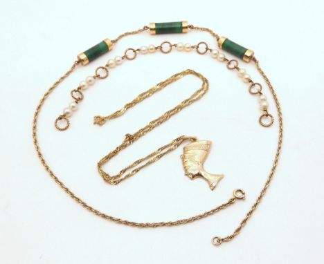 A 9ct gold&nbsp; malachite necklace, length 41cm, a 9ct Nefertiti pendant and chain, and a pearl set bracelet (clasp lacking)