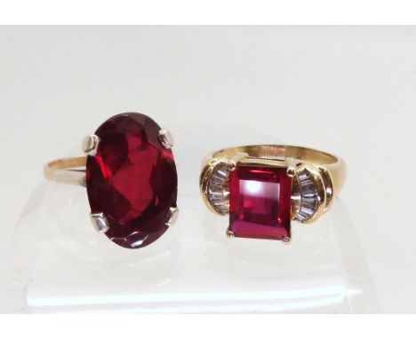 A 9ct gold synthetic ruby and diamond baguette ring, size S1/2, together with a 9ct and silver oval synthetic ruby ring size 