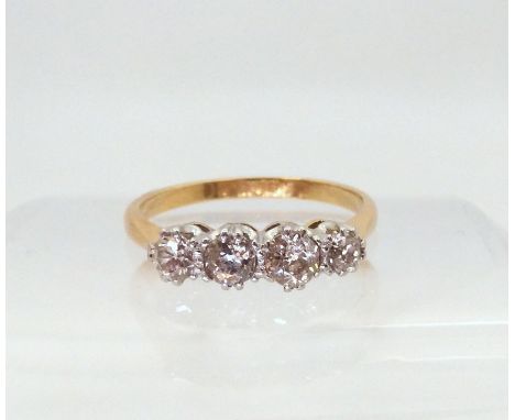 A bright yellow metal four stone diamond ring set with estimated approx 0.50cts of old cut diamonds finger size P1/2, weight 