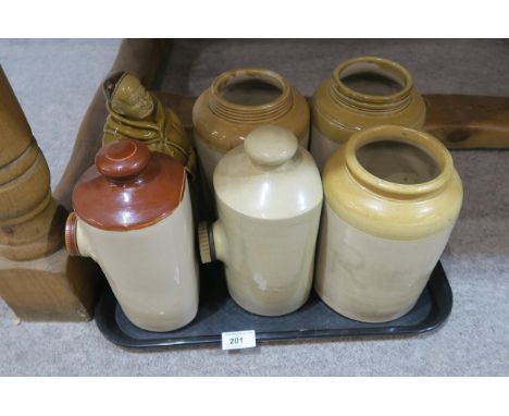 Scottish stoneware jars, a stone pig and a monk flask Condition Report:No condition report available.