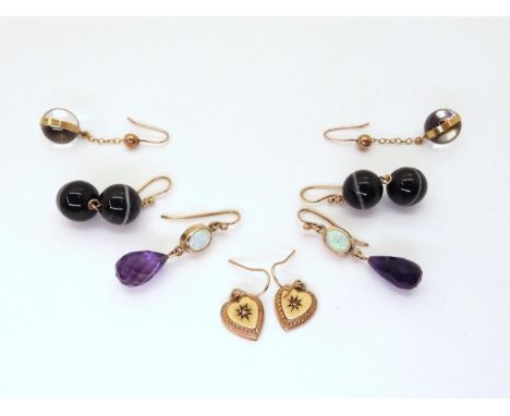 A pair of amethyst and manufactured opal&nbsp; drop earrings, a pair of vintage yellow metal diamond accent heart earrings, t