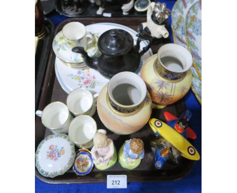 A pair of Royal Doulton figures He Loves Me and She loves me not, Royal Tuscan coffee cans and saucers, pair of Camel China v