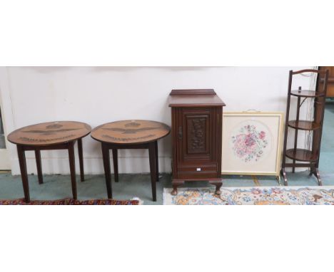 A lot comprising pair of circular topped occasional tables carved with the RAF emblem, mahogany bedside cabinet, a firescreen