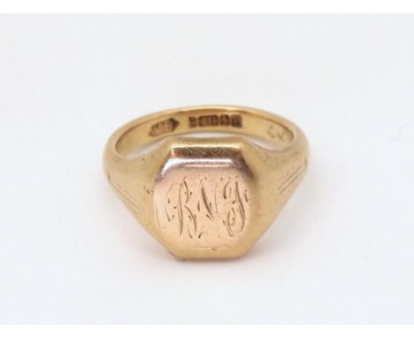 A 9ct gold signet ring bearing the initials 'RNJ', Birmingham hallmark 1957, finger size S, weight 9.5gms Condition Report:Av