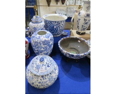 A collection of Chinese blue and white transfer printed items including a lamp, a vase, a planter, a lid and a crackleware bo