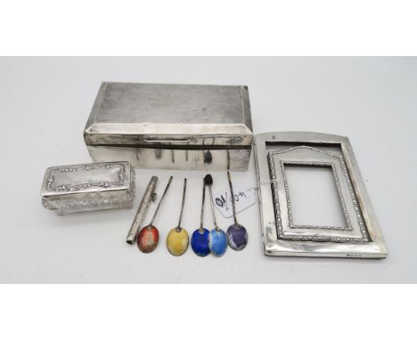 A collection of silver including a silver cigarette box (af), London, marks rubbed, with engine turned decoration, 17.5 x 9cm