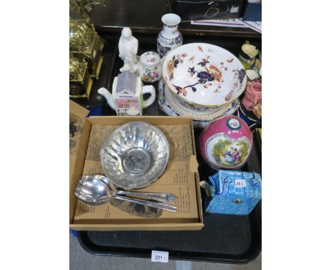 A Coalport Hong Kong pattern bowl, an Enesco figure, a large decorative ceramic egg trinket box etc Condition Report:No condi