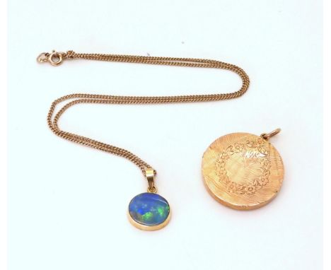 A 9ct back &amp; front locket with floral engraving, an 18ct gold mounted opal doublet pendant on a 9ct chain, weight all tog