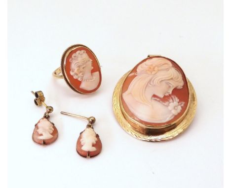 A 9ct gold cameo brooch, with similar ring size N, and earrings, weight together 15.1gms Condition Report:Available upon requ