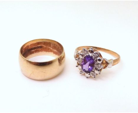 A 9ct amethyst and diamond accent ring, size Q, and a wide retro 9ct gold wedding ring, size M1/2, weight together 8.1gms Con