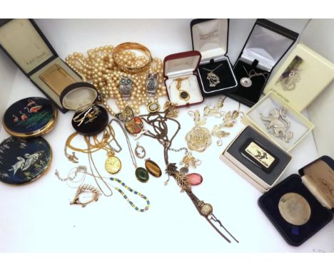 A gold plated wide bangle, Bercott pendant watch, Stratton &amp; Kigu compacts, a Dupont lighter, a bill fold with a geese de
