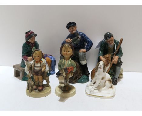 Three Royal Doulton figures including The Master, Silks and Ribbons, and The Lobster Man, two Hummel figures and a Royal Worc