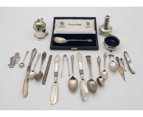 A collection of silver including a matched cruet set, two pieces by Henry Wilkinson Ltd, Birmingham, a silver spoon, by Mappi