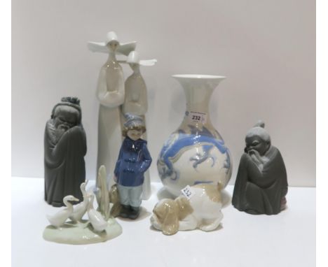 A collection of Lladro including a dragon vase, a pair of sage figures and two nuns, together with three Nao figures Conditio