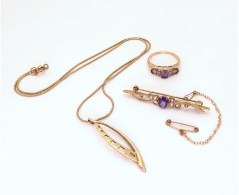 A 9ct&nbsp; gold Mackintosh style pendant on a 46cm snake chain, an amethyst and pearl brooch and a amethyst and diamond acce