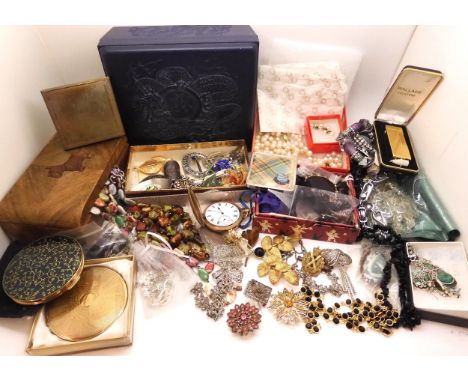 Compacts, a gold plated Elgin pocket watch, a large collection of vintage costume jewellery, boxes and a Wallace Heaton light