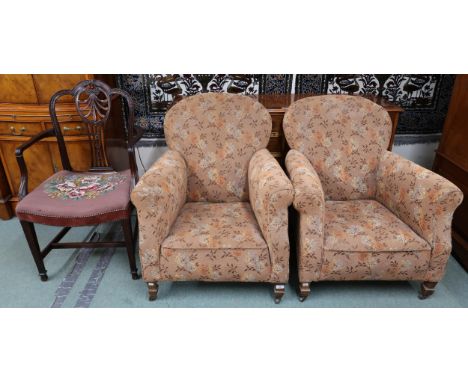 A lot comprising a pair of early 20th century humpback armchairs with floral upholstery and a 19th century mahogany framed ar