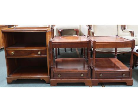 A lot comprising a pair of 20th century two tier lamp tables with single drawered bracket bases, 55cm high x 46cm wide x 46cm