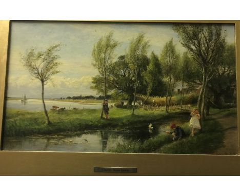 CHARLES JAMES LEWIS (1831-1892) ?River landscape with children playing in foreground, boat builders in background?, oil on bo