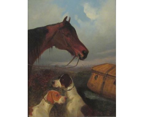 Colin Graeme Roe (Scottish 1855-1910): Horses with Hunting Dogs in Moorland settings, pair oils on board signed 30cm x 22cm C