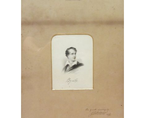 J E Batman (19th century): Portrait of Lord Byron, miniature pen and ink portrait, signed and dated 1876 on the mount 13cm x 