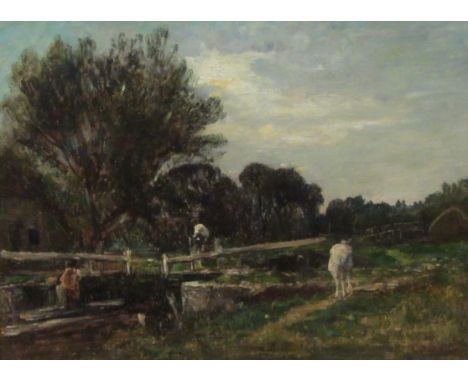 Mark William Fisher (American/British 1841-1923): The Lock Gate, oil on canvas signed 45cm x 59cm  Condition Report Click her