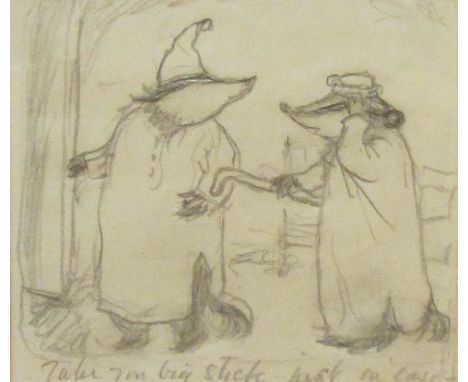 Ernest Howard Shepard (British 1879-1976): 'Take a Big Stick Just in Case', original pencil drawing for 'Ben & Brock' E H She