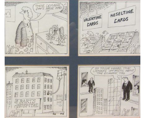 John 'Cluff' Longstaff (British 1949-): Political Cartoons, four pen and ink framed as one signed Cluff 1980's, each 11cm x 1