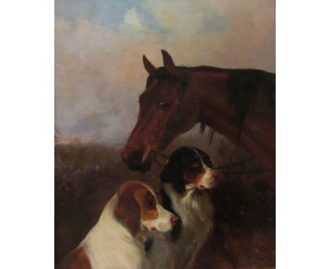 Colin Graeme Roe (Scottish 1855-1910): Horse with a pair of Hunting Dogs, oil on canvas signed and dated '85,  52cm x 42cm Co