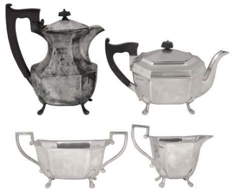 A George VI silver four piece tea serviceSheffield, 1951 by Viner's Ltdof plain octagonal tapering form on scroll legs, compr