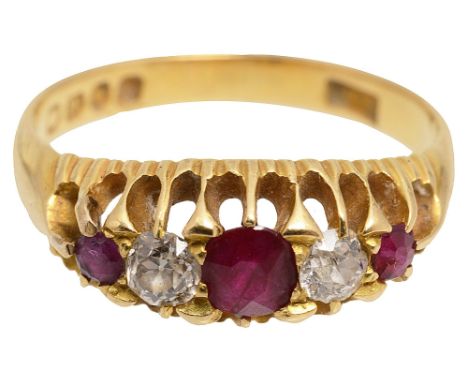 An Edwardian ruby and diamond five stone 18ct yellow gold ringthree mixed cut rubies separated by brilliant cut diamonds, sta