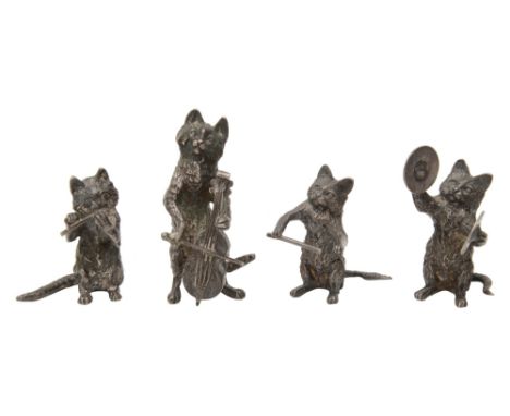 A modern novelty cast silver four piece cat orchestraBirmingham, 1978 by S.J. Rose &amp; Sonseach cast naturalistically stand