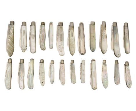 A group of twenty four silver bladed and mother of pearl fruit and pocket knivesmainly Victorian, some examples similar, some