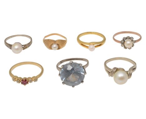 Seven rings:  a ruby and diamond  five stone ring; a synthetic blue spinel single stone ring; and five cultured pearl-set rin