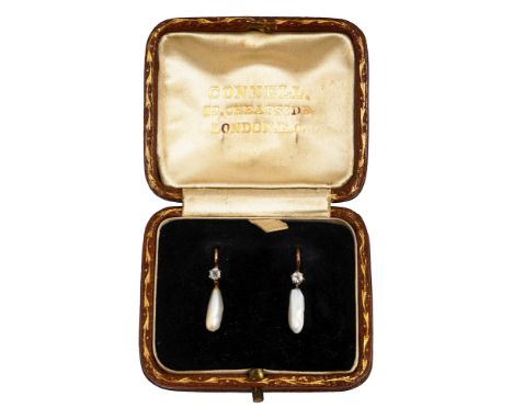 A pair of Edwardian freshwater pearl and diamond ear pendants each comprising a freshwater pearl (untested) pipkin suspended 