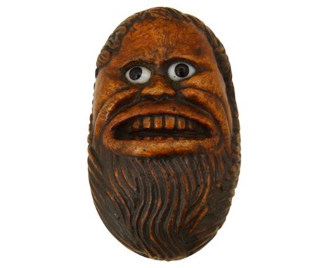 A 19th century treen burrwood snuff box carved as a bearded mans face oval from, inset with glass eyes, reverse with slidng c