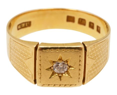 An 18ct yellow gold and diamond signet ring the old brilliant-cut diamond star-set within a square plaque to the engine-turne