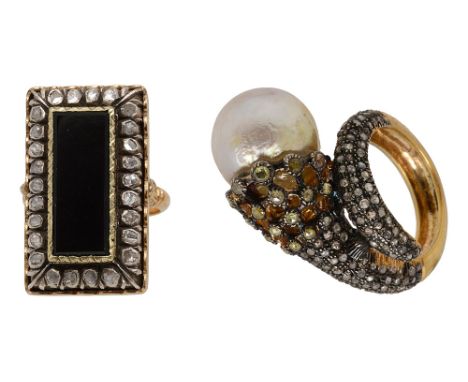 A baroque cultured pearl and diamond-set ringthe cultured pearl terminal measuring 14mm in diameter to the openwork lattice c